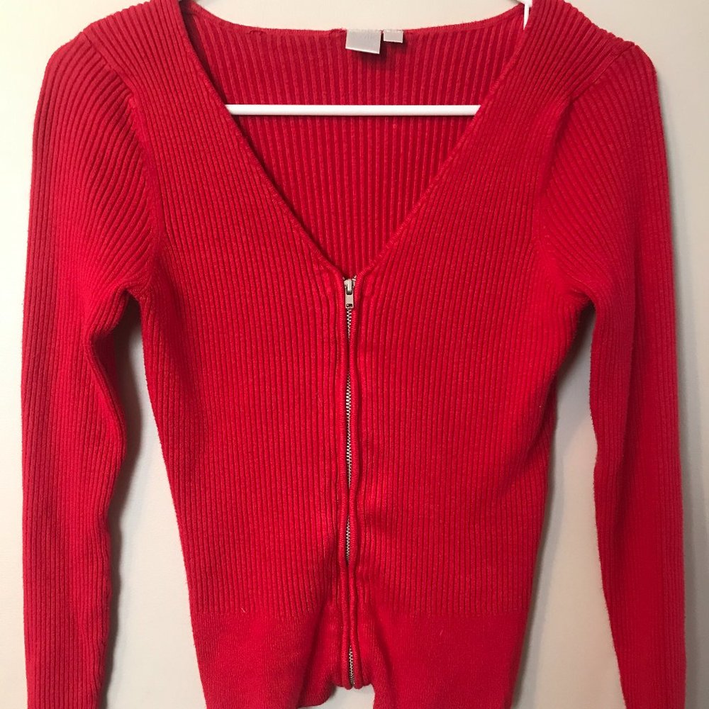 Twik V-Neck Knit Cardigan with Zipper in Red